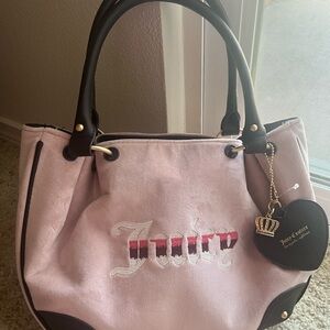 Juicy Couture Light Pink Suede Tote with Black Trim and Heart Charm